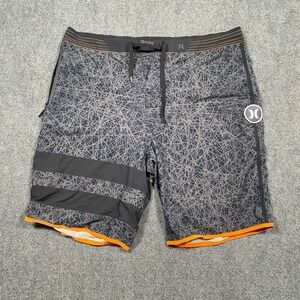 Hurley Board Shorts Men Gray Geometric Print Orange Trim Drawstring Waist 38